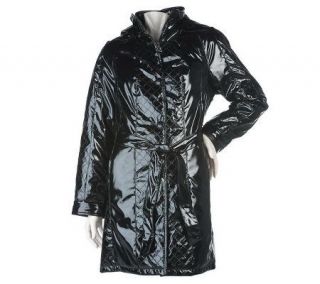 Dennis Basso Faux Patent Leather Coat with Quilted Panel Detail —