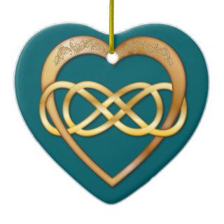 Entwined Hearts Double Infinity   Gold on Teal Ornaments