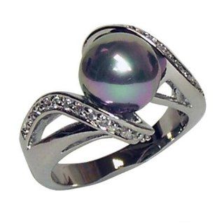 Simulated Black Pearl Rhodium EP Ladies Ring (Available Sizes 6 to 10) CZ 287 Lifetime Guarantee Jewelry