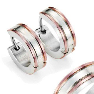 Stainless Steel Two Tone "Hinged Snap" Huggie Earrings with Coffee IP Edges, 10mm Diameter Hoop Earrings Jewelry