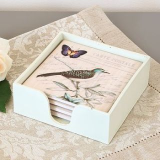 ceramic bird post card style coasters and holder by dibor