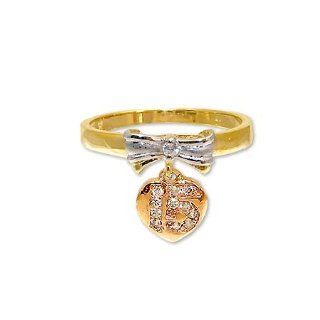 14k Yellow and Rose Gold, Bow & Heart Design Dangling 15 Anos Quinceanera Ring with Brilliant Lab Created Gems Jewelry