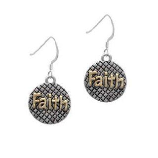 Gold ''Faith'' on Silver Hatched Disc Silver French Charm Earrings Delight & Co. Jewelry