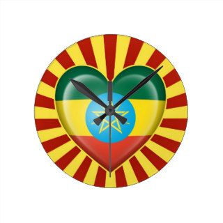 Ethiopian Heart Flag with Sun Rays Wall Clocks