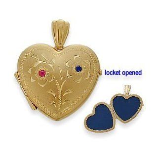 10 Karat Yellow Gold Ruby & Sapphire Heart Locket with Design with 20 Inch Chain Elite Jewels Jewelry