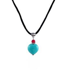 Necklace   N18  Genuine Turquoise Semi Precious Gemstone and Coral on Black Silky Satin Cord ~ Heart Shape Jewelry