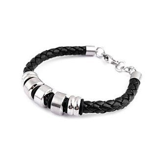Men's Leather Bracelet with Five Titanium Steel Rings (Black) #00355082 jewelry for men best dressed men best dressed