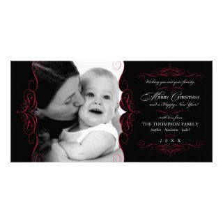 Fancy Scroll Black & Red Christmas photo card