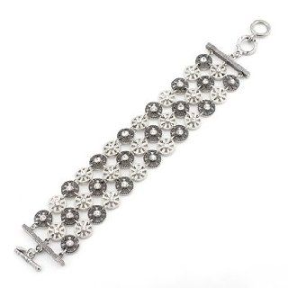 White Gold Rhodium and Hematite Bonded to Brass Alloy 7.5 Inch Bracelet with Round Cut Clear Crystal and Toggle Clasp in Tutone Link Bracelets Jewelry