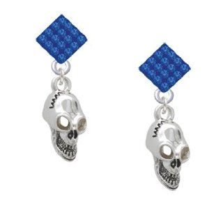 Medium Silver Skull Blue Sapphire Crystal Diamond Shaped Lulu Post Earrings Dangle Earrings Jewelry