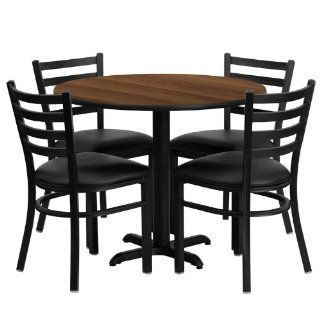 Shop 36'' Round Laminate Table Set with 4 Ladder Back Metal Chairs   Black Vinyl Seat Walnut at the  Furniture Store