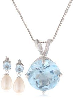 5 8mm Round Swiss Blue Topaz Sterling Silver and Freshwater Cultured Pearl Jewelry Set Jewelry