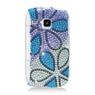 Flower Blue Purple Silver With Full Rhinestones Faceplate Hard Plastic Protector Snap On Cover Case For Samsung DoubleTime i857 Cell Phones & Accessories