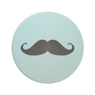 Funny Mustache On Cute blue Polka Dot Background Beverage Coaster