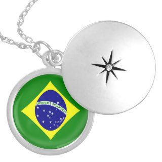 Silver plate Locket +18" chain Brazil flag