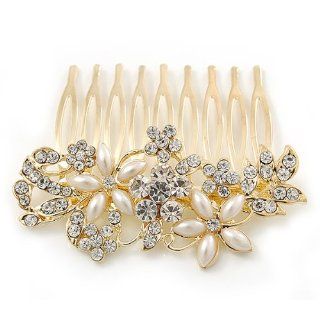 Bridal/ Wedding/ Prom/ Party Gold Plated Clear Crystal and Light Cream Simulated Pearl Floral Hair Comb   50mm Jewelry