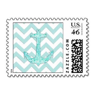Aqua Glitter Nautical Anchor Teal chevron pattern Postage Stamps