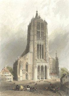 GERMANY Ulm cathedral horse cart building tree, antique print, 1842  