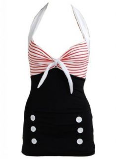 Stripe Black Retro Pin up Rockabilly Sailor Nautical Swimsuit Swimwear (XX Large)