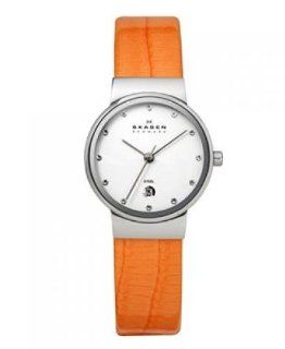Skagen Women's 355SSLO8A1 Steel Mother of Pearl Dial Orange Leather Strap Watch Skagen Watches
