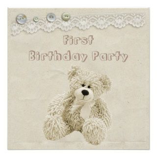 Teddy Bear Vintage Lace 1st Birthday Party Invitations