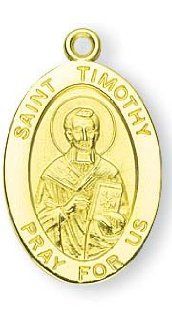 14K Gold Oval St. Timothy w/ 14K Gold Jump Ring Boxed 1/2"x7/8" Patron Saint St. Medal Pendant Necklace In Gift Box Jewelry