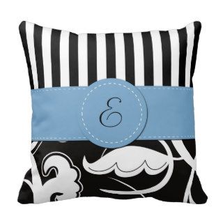 Monogram   Swirls, Stripes   Black White Blue Throw Pillow