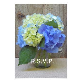 Blue Hydrangeas Mason Jar Rustic Wedding RSVP Announcements