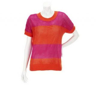 Denim & Co. Short Sleeve Striped Crochet Sweater —