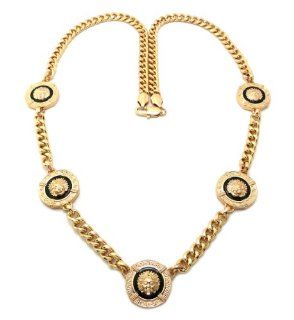 Hot Celebrity Style Five Small Gold/Black Medusa Pendants w/8mm 30" Cuban Link Chain Necklace XC373G Jewelry