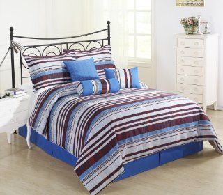 Retro 7pc Comforter Set PLUM, Blue, Grey yarn dyed Jacquard Bed Cover FULL Size Bedding   Grey And Blue Bedding