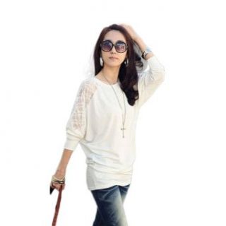 New Fashion 2013 Women's Batwing Top Dolman Lace Loose Long Sleeve T Shirt Blouse for Women (COLOR  WHITE  SIZE  L) Clothing