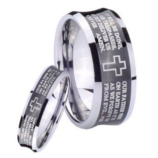 His & Her's Tungsten Christian Cross Bible Scroll Etch Concave Black Two Tone Ring Set Size 7, 9 Jewelry