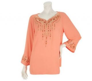 Bob Mackies Embroidered Blouse with Sequin Detail & Side Slits —