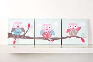 set of three owl wall canvases by the little blue owl