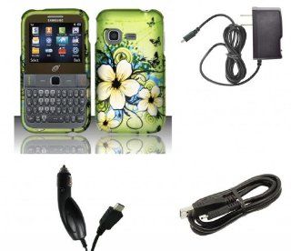 Samsung S390G   Accessory Combo Kit   Green Hibiscus Butterfly Flower Design Shield Case + Atom LED Keychain Light + Wall Charger + Car Charger + Micro USB Cable Cell Phones & Accessories