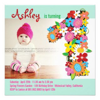 Spring Flowers One Baby Girl First Birthday Photo Invitations