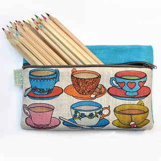 teacups illustration linen zipper pencil case by ceridwen hazelchild design