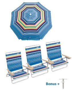 Set of 3 Rio Matching Beach Chairs (5 Position Lay flat) With A Matching 6 ft Tilt Umbrella   Bonus Free Sand Anchor Electronics