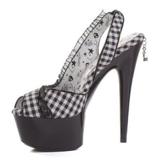Black Checkered Slingback Shoes Women's Mid Platform Sexy Sandals 6 Inch Stiletto Gingham Lace Penthouse Brand Shoes Size 8 Shoes