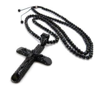 Iced Out Jesus on Cross Pendant w/36" 6mm Jet Black Glass Bead Chain BMP402BP Pendant Necklaces Jewelry