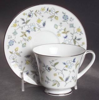 Noritake Chintz Footed Cup & Saucer Set, Fine China Dinnerware   Blue, Tan & Whi