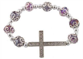8 Pieces of Purple Iced Out Sideways Cross Ornamental Style Beaded Stretch Bracelet Jewelry