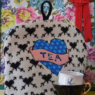 vintage love tea tattoo knitted tea cosy by nervous stitch