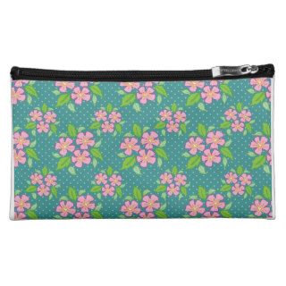 Vintage Pink Green Floral Polka Dots Pattern Cosmetic Bags