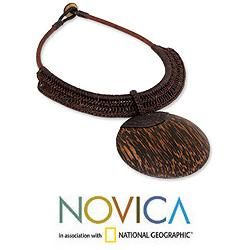 Leather 'Brown Tribal Glam' Coconut Wood Necklace (Thailand) Novica Necklaces