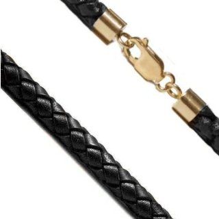 18K Yellow Gold Black Braided 3mm 20" Leather Cord Necklace Chain Necklaces Jewelry
