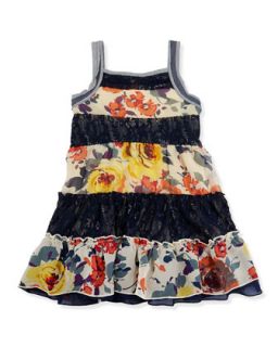 French Terry Cloth Tiered Combo Dress, Navy, Sizes 4 6X