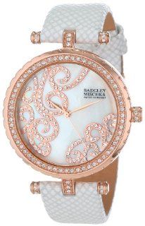 Badgley Mischka Women's BA/1264WMRG Swarovski Crystal Accented Rose Gold Tone White Leather Strap Watch Watches