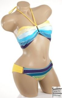 Blue Yellow Stripe Bikini Halter Bandeau Swimsuit JUNIOR SIZE XL Clothing